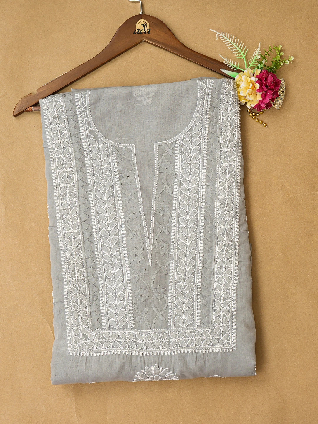 Ada Hand Embroidered Grey Cotton Lucknowi Chikankari Unstitched Kurta Piece 01A772887