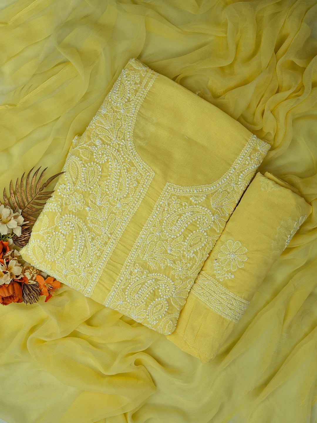 Ada Hand Embroidered Yellow Cotton Lucknowi Chikankari Unstitched Suit Piece 01A782871