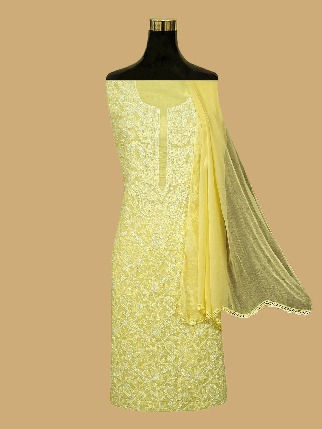Ada Hand Embroidered Yellow Cotton Lucknowi Chikankari Unstitched Suit Piece 01A782871