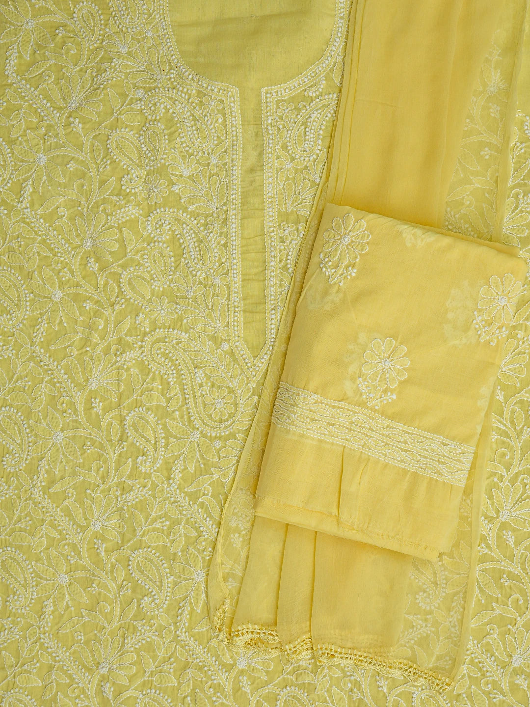 Ada Hand Embroidered Yellow Cotton Lucknowi Chikankari Unstitched Suit Piece 01A782871