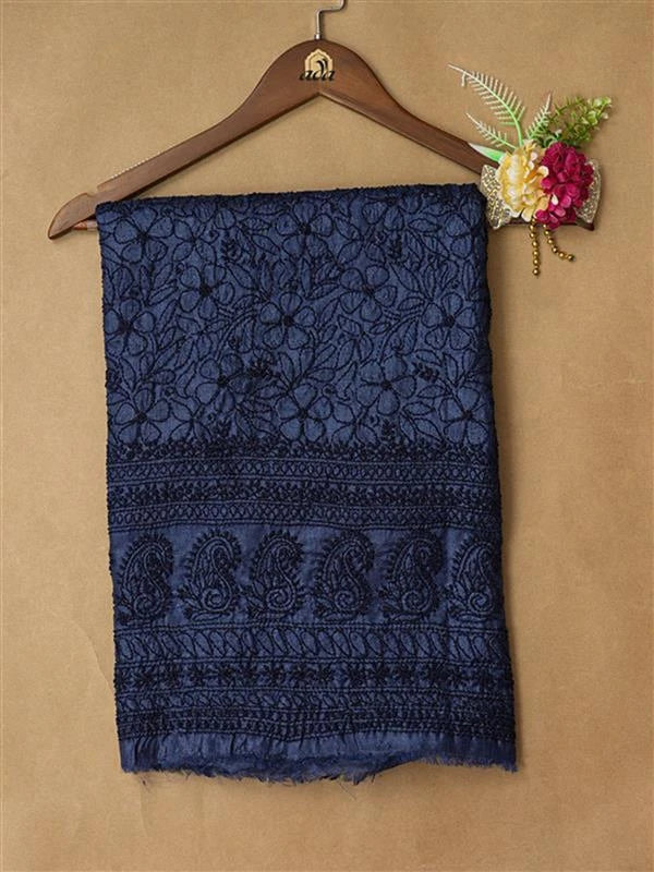 Ada Hand Embroidered Navy Blue Tussar Silk Lucknowi Chikankari Unstitched Kurta Piece 01A769160