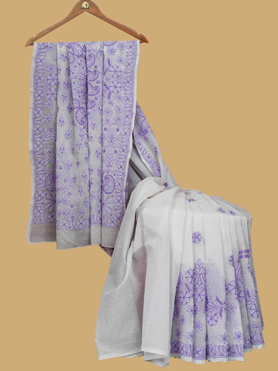 Ada Hand Embroidered White Cotton Lucknowi Chikankari Saree and Blouse 01A613677