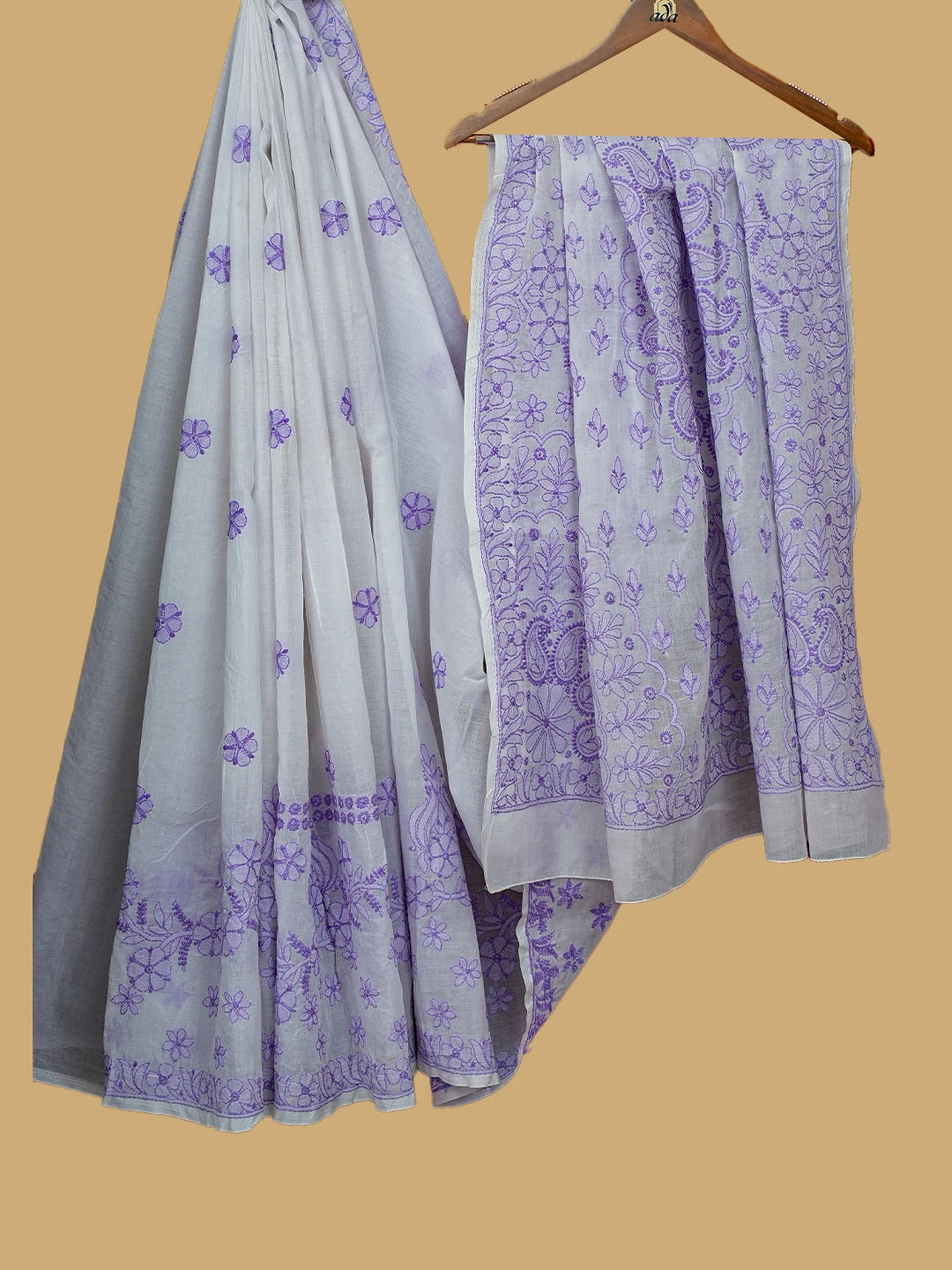 Ada Hand Embroidered White Cotton Lucknowi Chikankari Saree and Blouse 01A613677