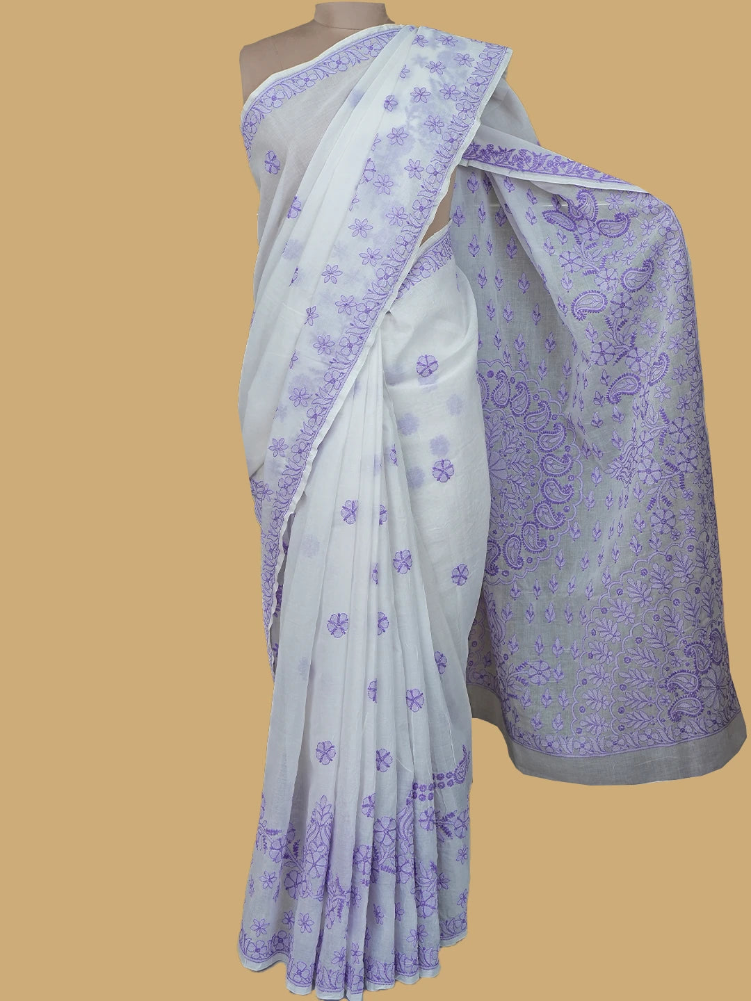 Ada Hand Embroidered White Cotton Lucknowi Chikankari Saree and Blouse 01A613677