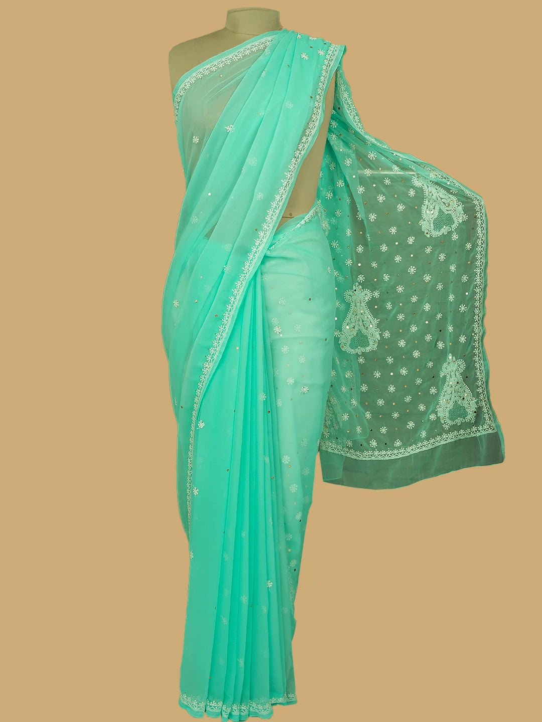 Ada Hand Embroidered Sea Green Georgette Lucknowi Chikankari Saree and Blouse With Muqaish Work 01A618921