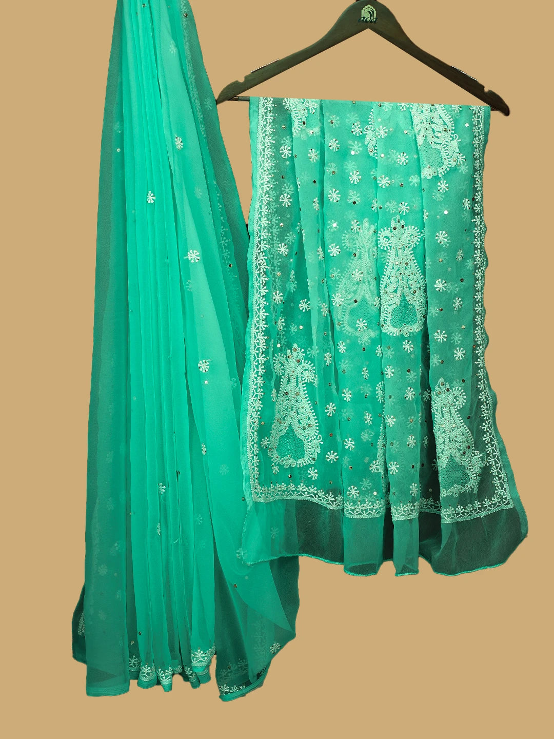 Ada Hand Embroidered Sea Green Georgette Lucknowi Chikankari Saree and Blouse With Muqaish Work 01A618921