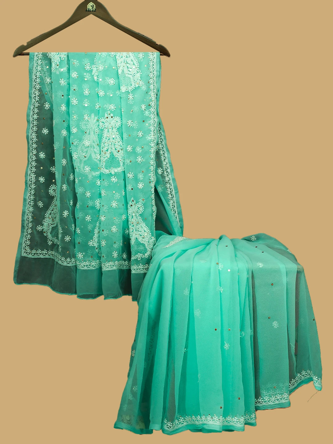 Ada Hand Embroidered Sea Green Georgette Lucknowi Chikankari Saree and Blouse With Muqaish Work 01A618921