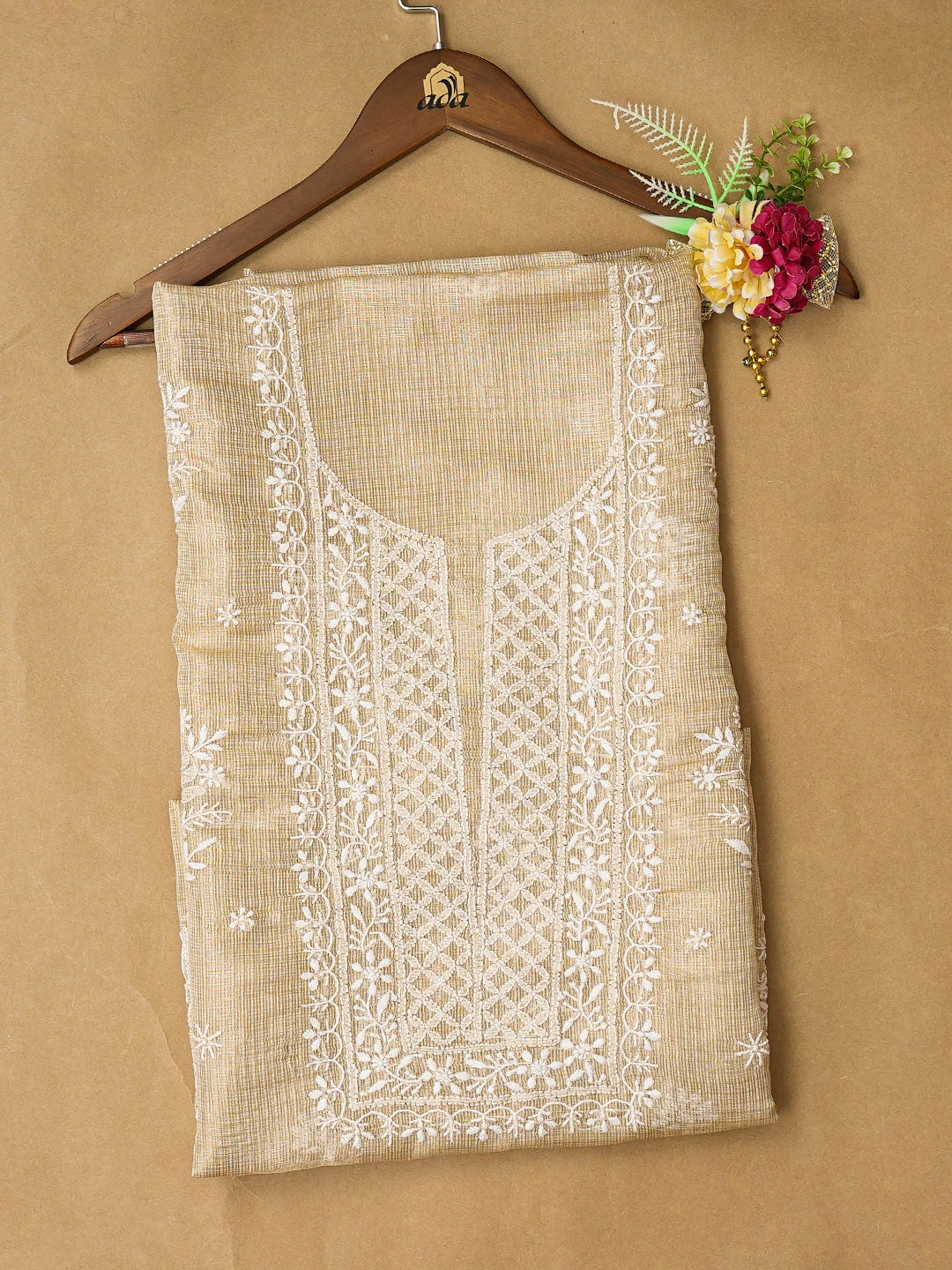 Ada Hand Embroidered Fawn Tissue Lucknowi Chikankari Unstitched Kurta Piece 01A783176