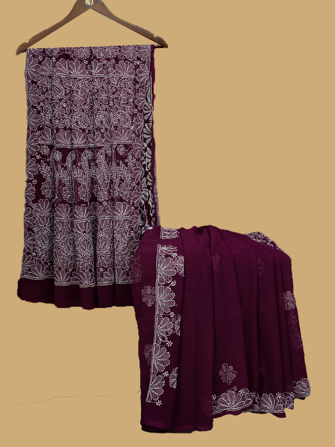 Ada Hand Embroidered Wine Georgette Lucknowi Chikankari Saree and Blouse 01A756810
