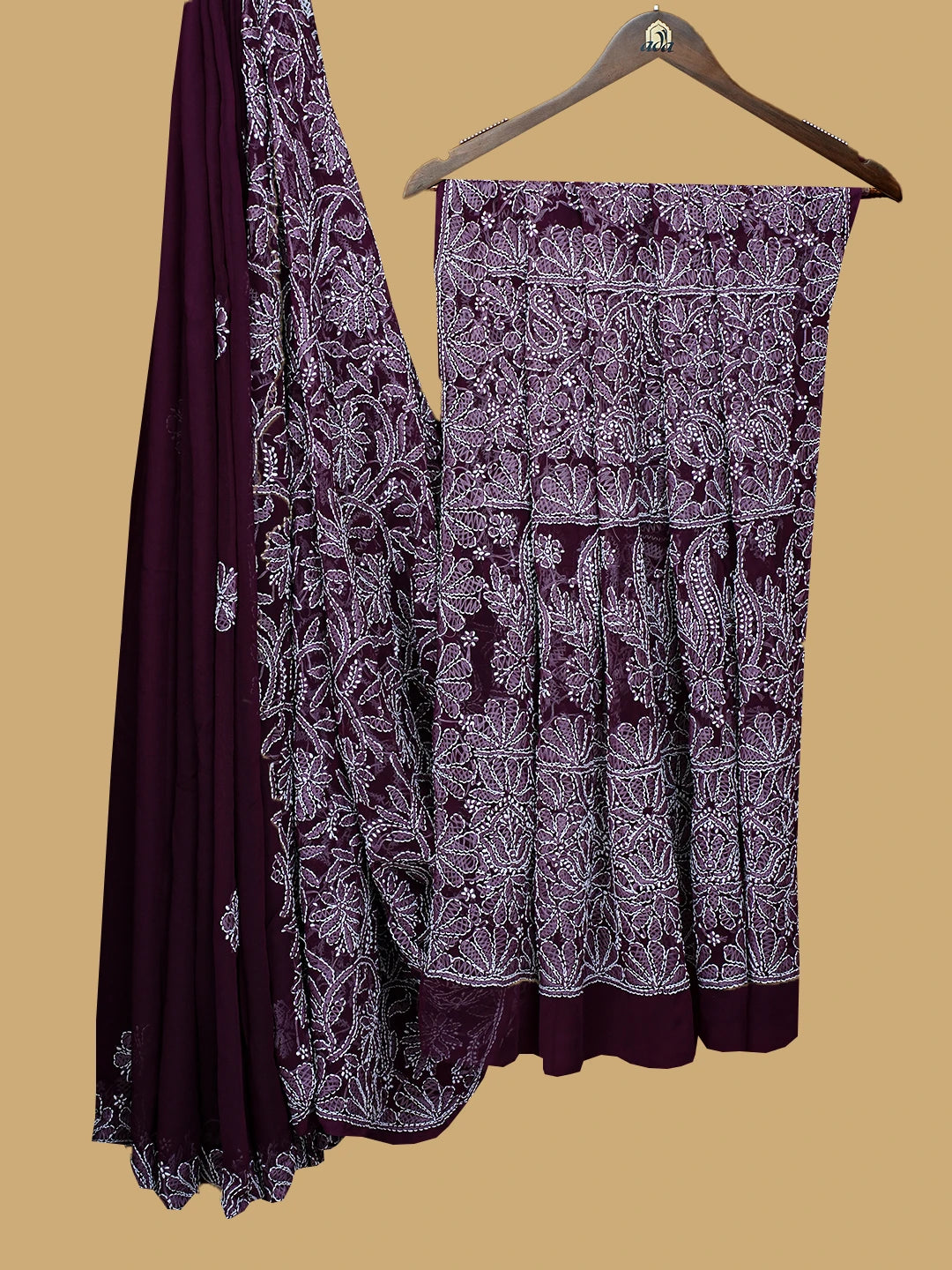 Ada Hand Embroidered Wine Georgette Lucknowi Chikankari Saree and Blouse 01A756810