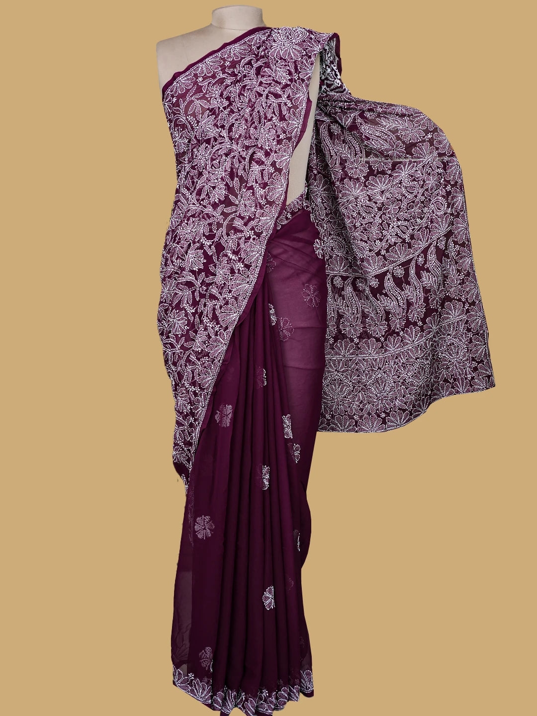 Ada Hand Embroidered Wine Georgette Lucknowi Chikankari Saree and Blouse 01A756810