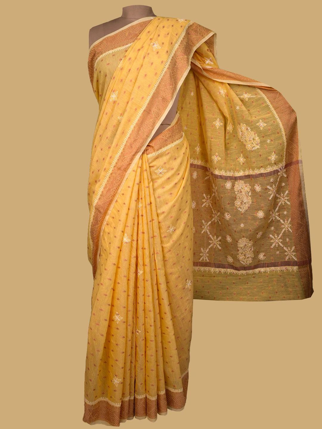 Ada Hand Embroidered Yellow Chanderi Lucknowi Chikankari Saree and Blouse 01A776483