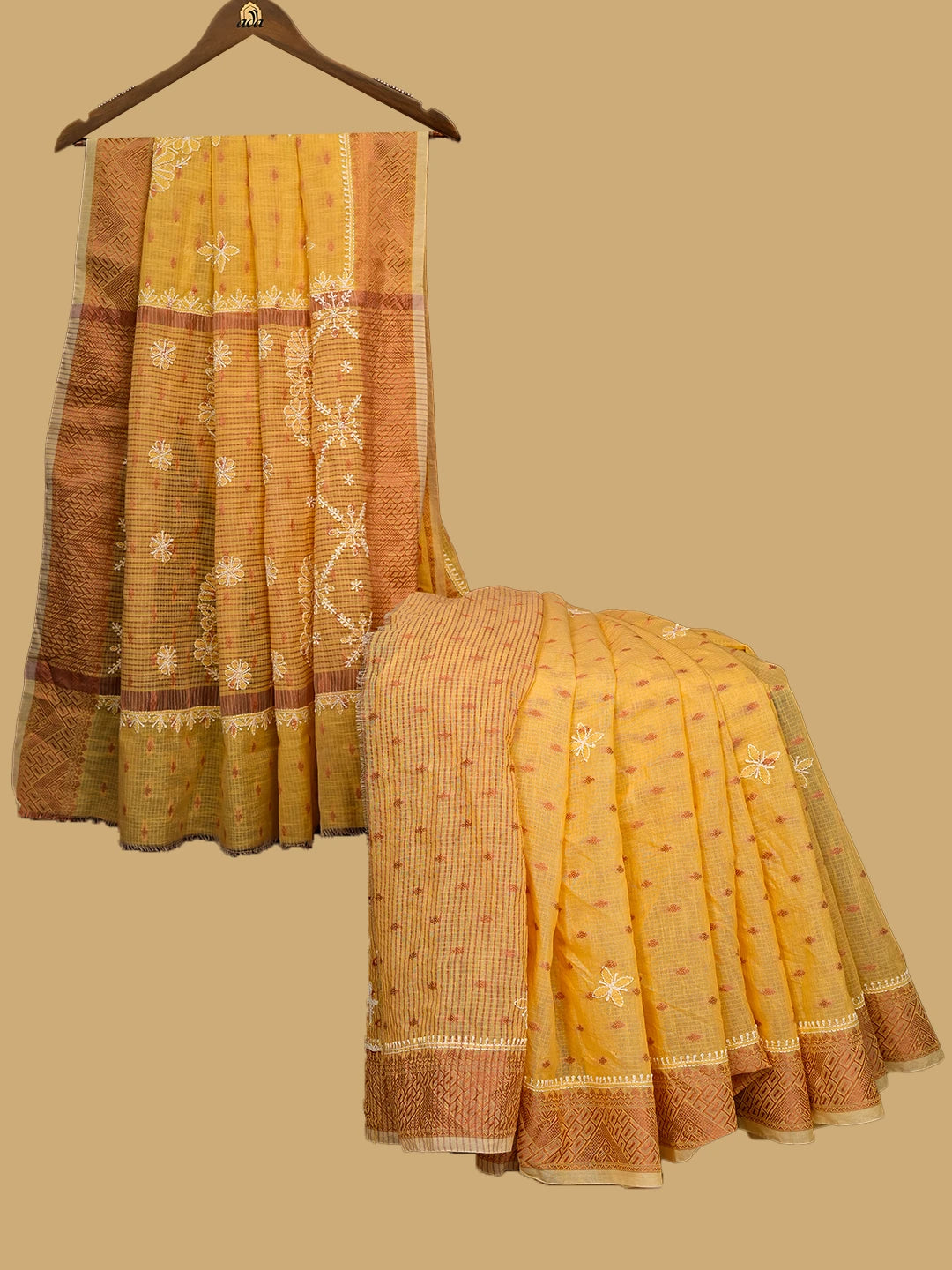 Ada Hand Embroidered Yellow Chanderi Lucknowi Chikankari Saree and Blouse 01A776483