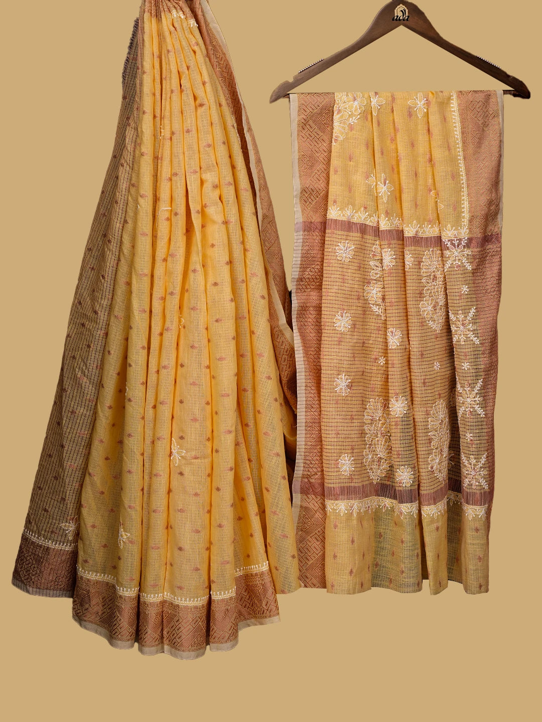 Ada Hand Embroidered Yellow Chanderi Lucknowi Chikankari Saree and Blouse 01A776483