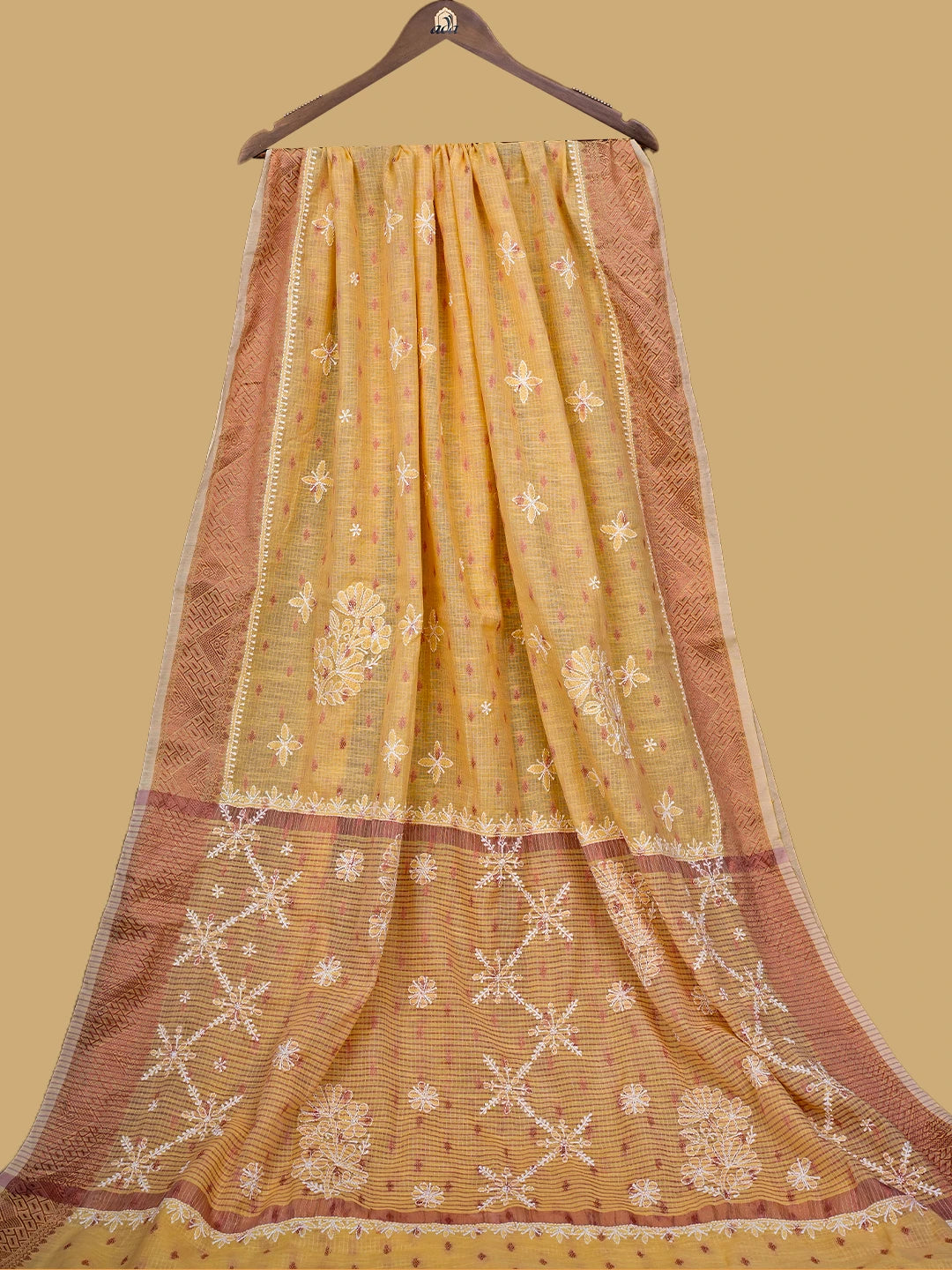 Ada Hand Embroidered Yellow Chanderi Lucknowi Chikankari Saree and Blouse 01A776483