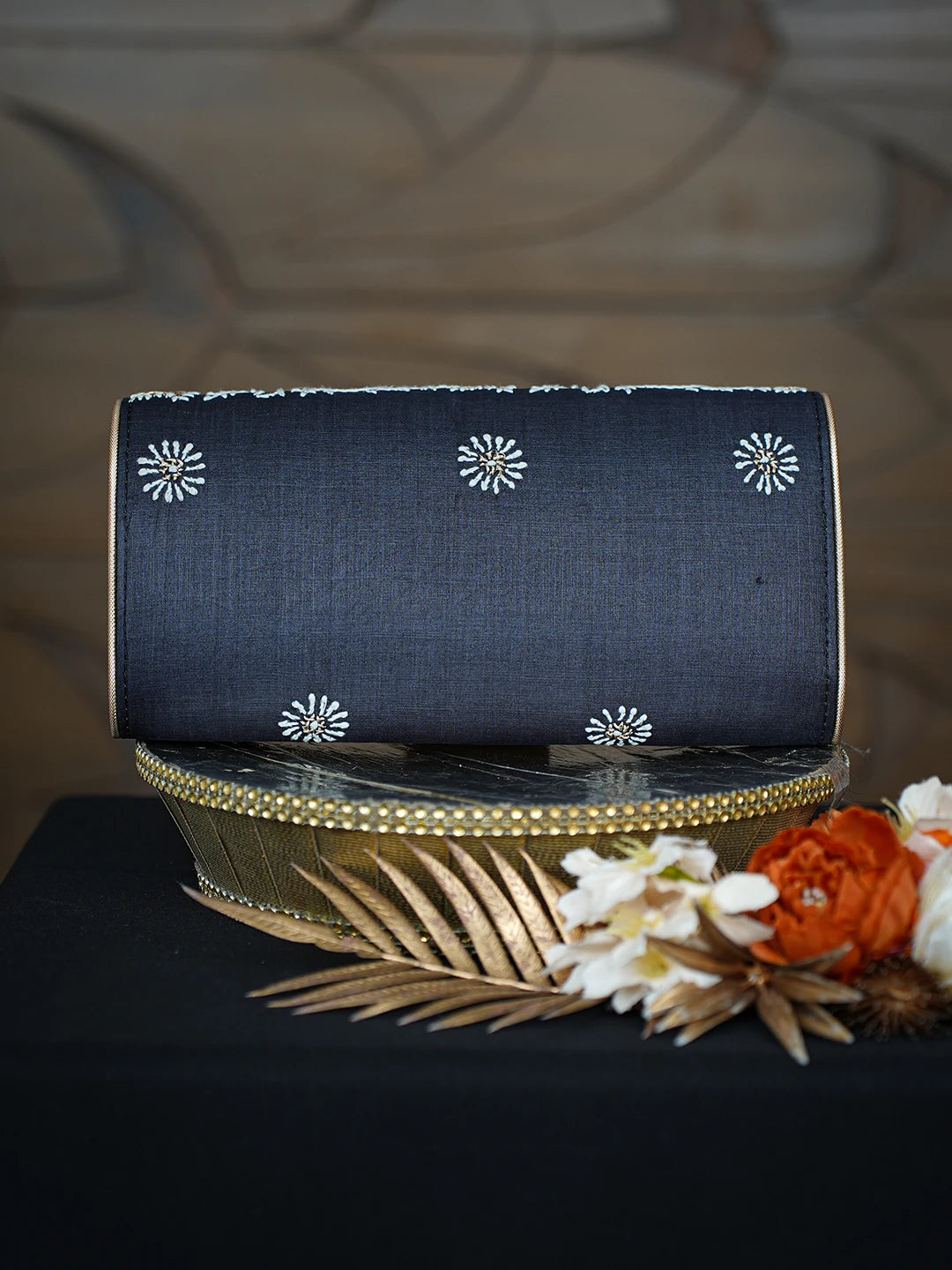 Ada Hand Embroidered Black Silk Lucknowi Chikankari Clutch With Zari Work 01A775696