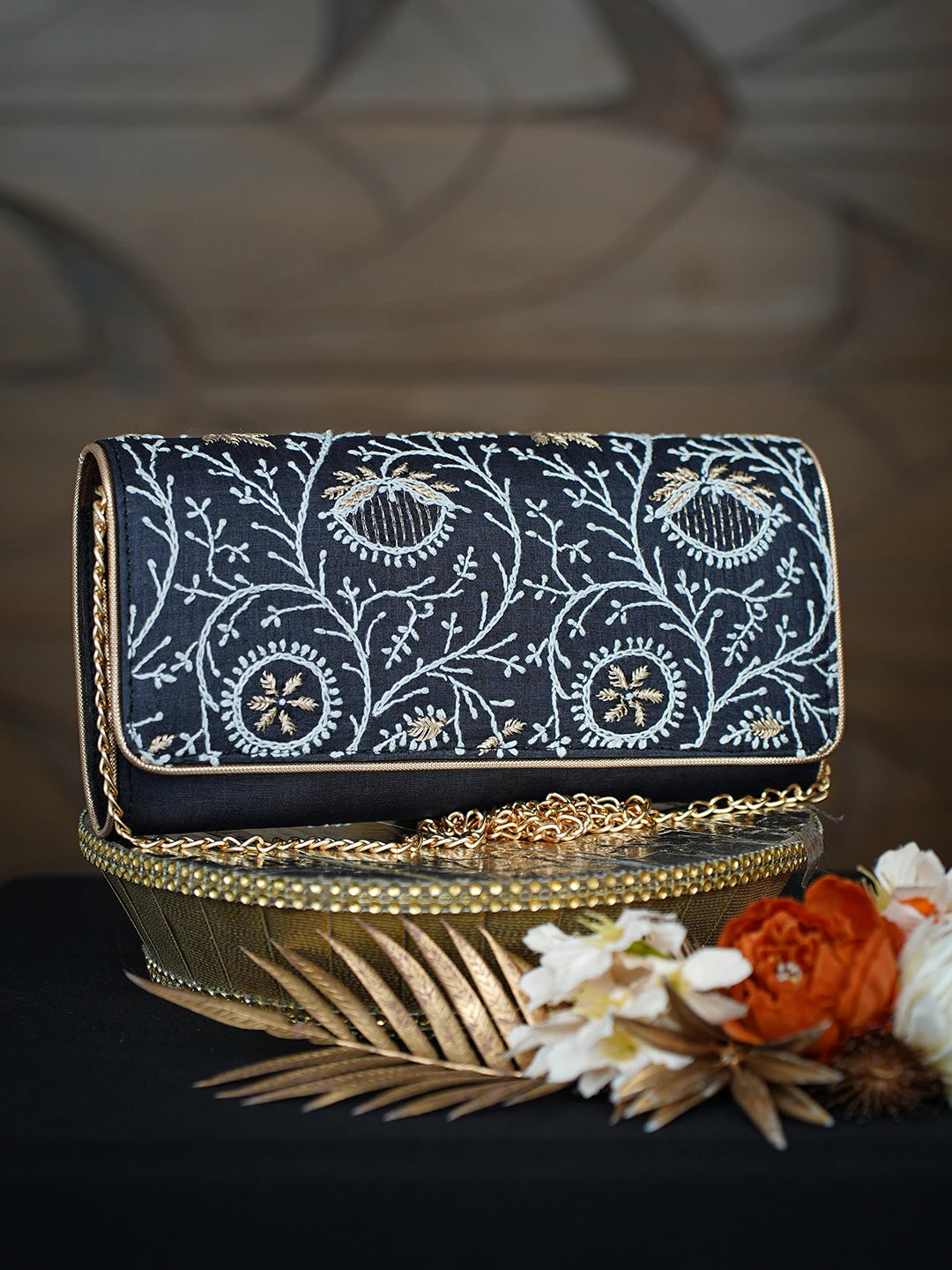 Ada Hand Embroidered Black Silk Lucknowi Chikankari Clutch With Zari Work 01A775696