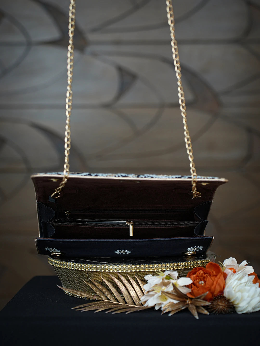Ada Hand Embroidered Black Silk Lucknowi Chikankari Clutch With Zari Work 01A775696