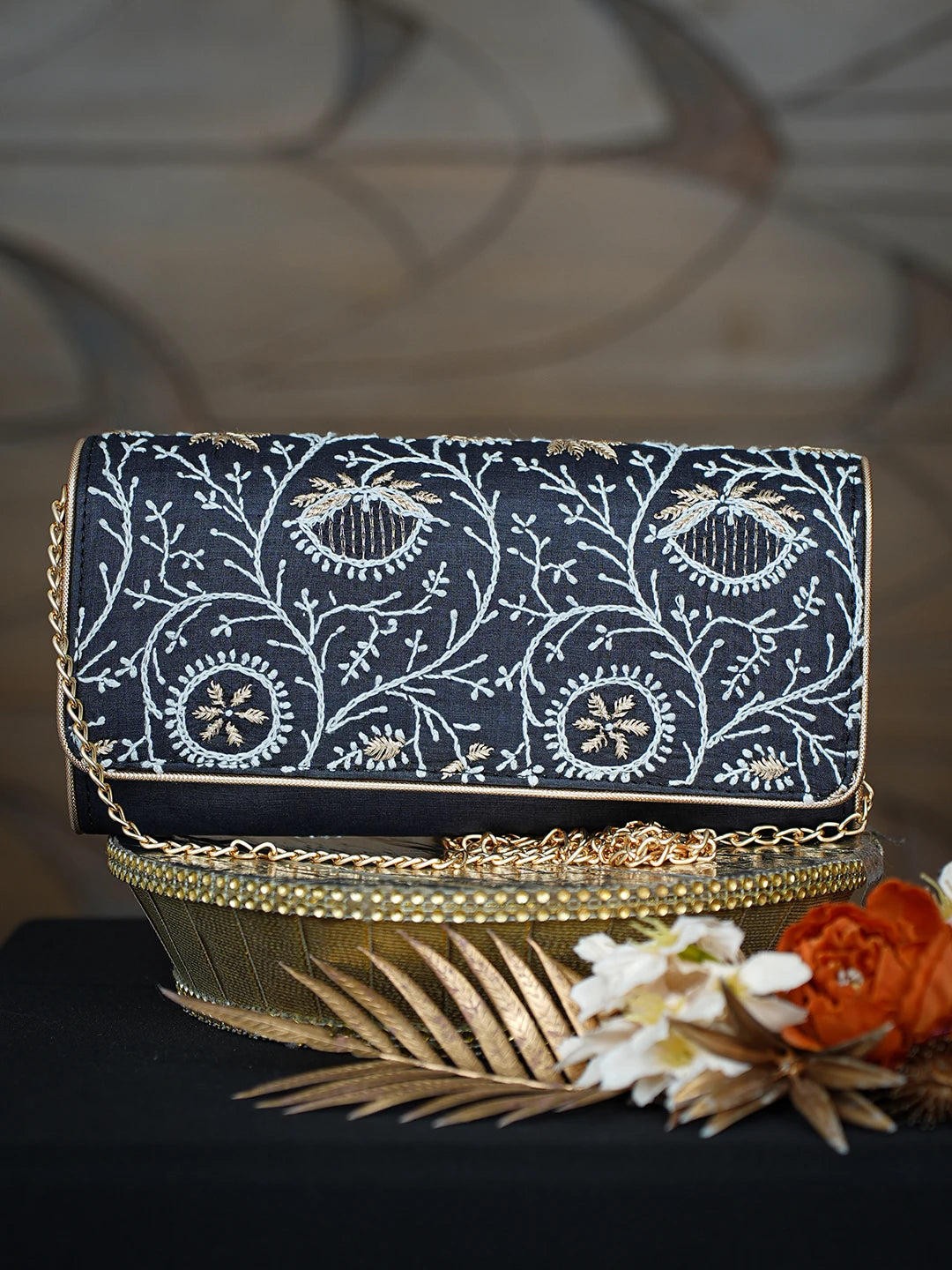 Ada Hand Embroidered Black Silk Lucknowi Chikankari Clutch With Zari Work 01A775696