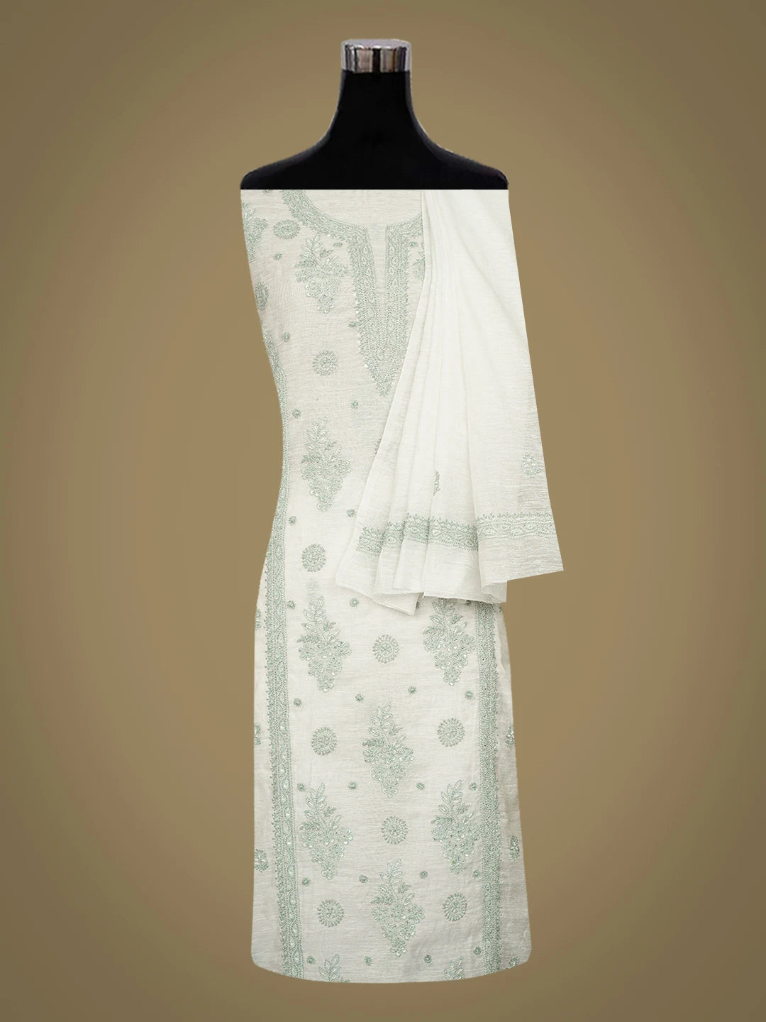 Ada Hand Embroidered White Chanderi Lucknowi Chikankari Unstitched Kurta Dupatta Set With Pearl Work 01A502569