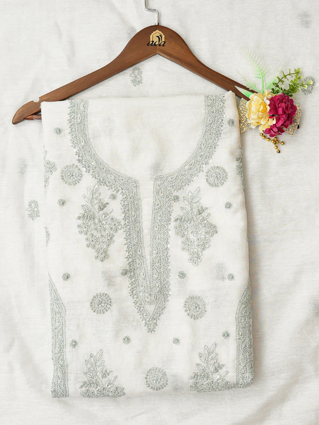 Ada Hand Embroidered White Chanderi Lucknowi Chikankari Unstitched Kurta Dupatta Set With Pearl Work 01A502569