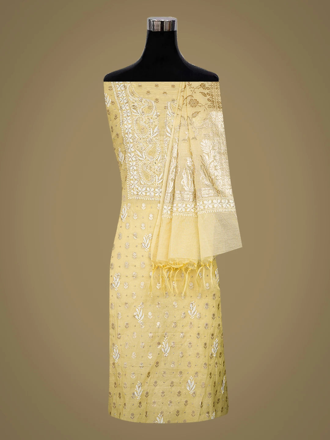 Ada Hand Embroidered Yellow Chanderi Lucknowi Chikankari Unstitched Kurta Dupatta Set With Cutdana 01A722400