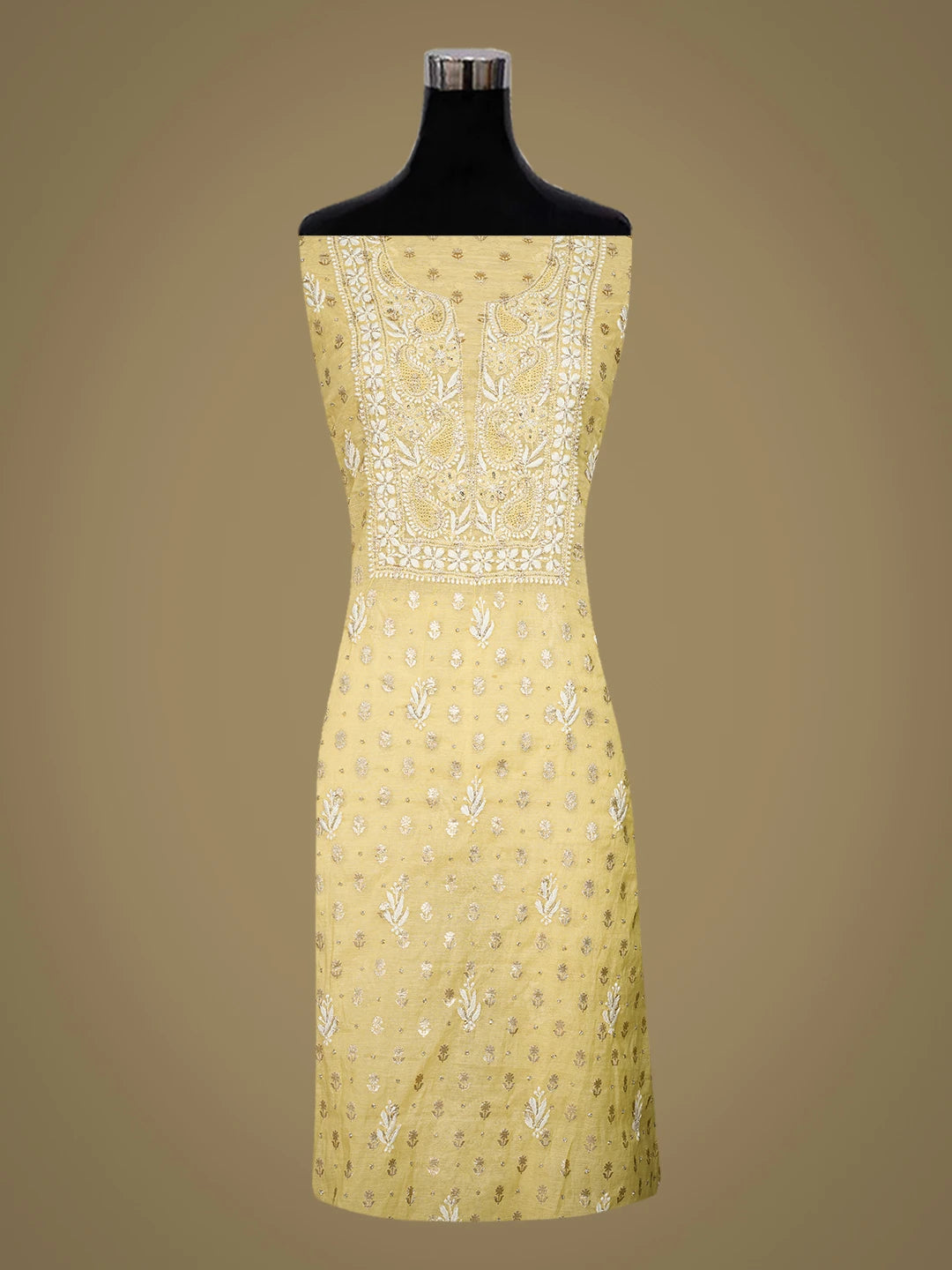 Ada Hand Embroidered Yellow Chanderi Lucknowi Chikankari Unstitched Kurta Dupatta Set With Cutdana 01A722400