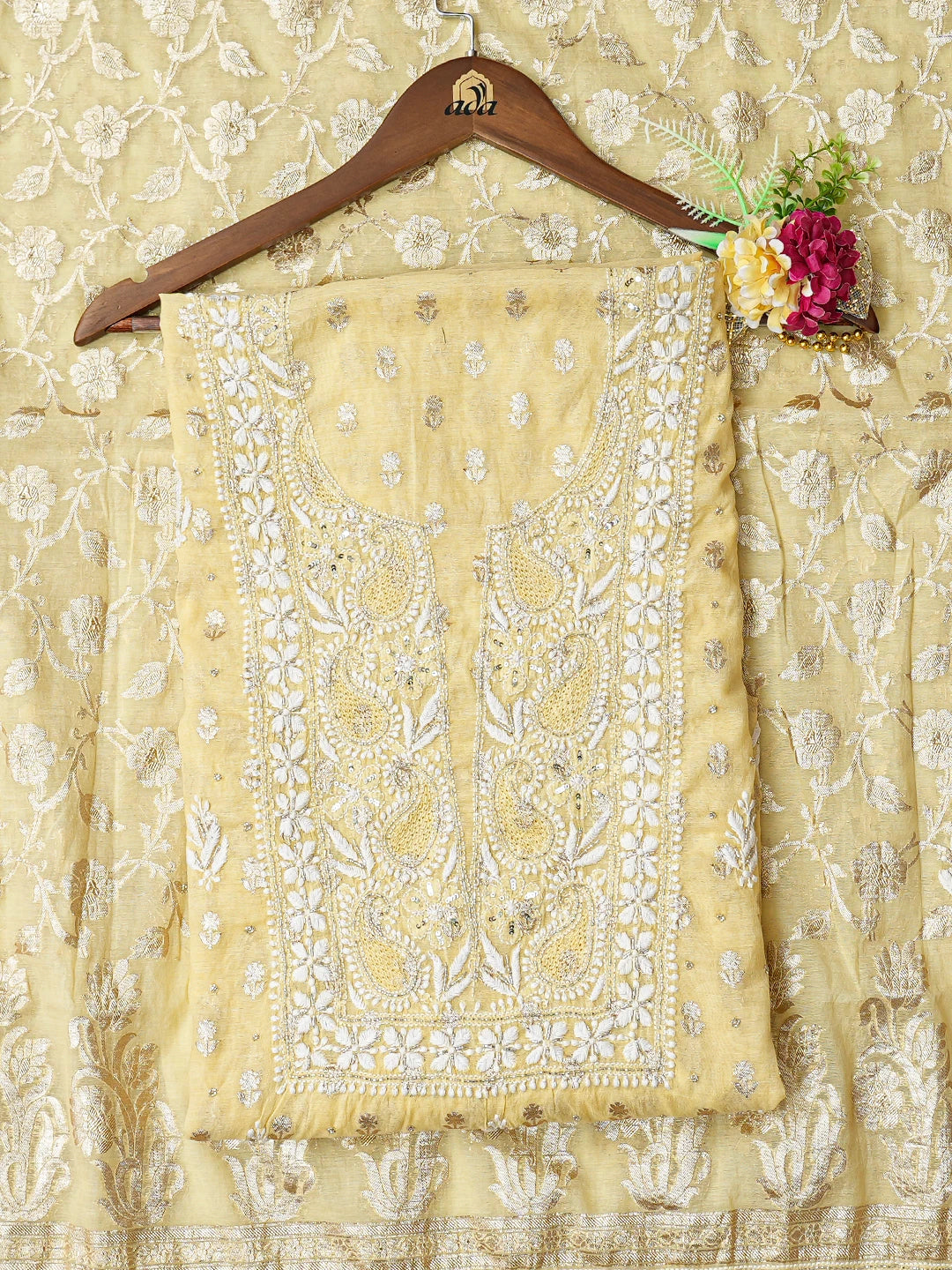 Ada Hand Embroidered Yellow Chanderi Lucknowi Chikankari Unstitched Kurta Dupatta Set With Cutdana 01A722400