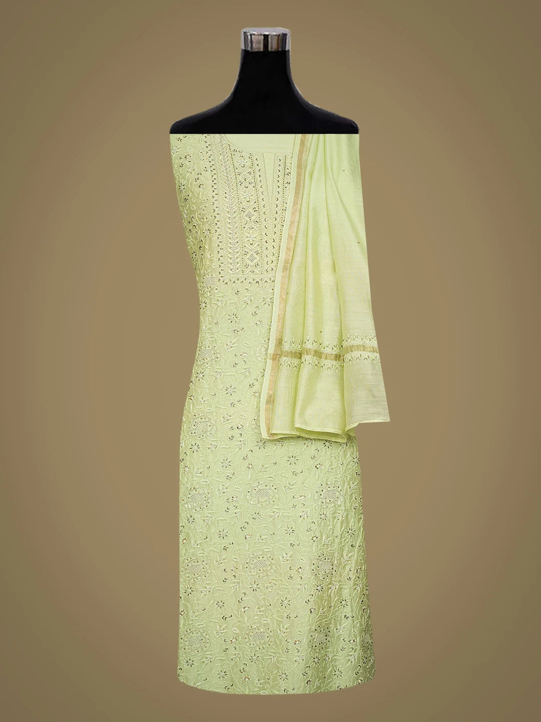 Ada Hand Embroidered Celadon Green Chanderi Lucknowi Chikankari Unstitched Kurta Dupatta Set With Cutdana 01A665711