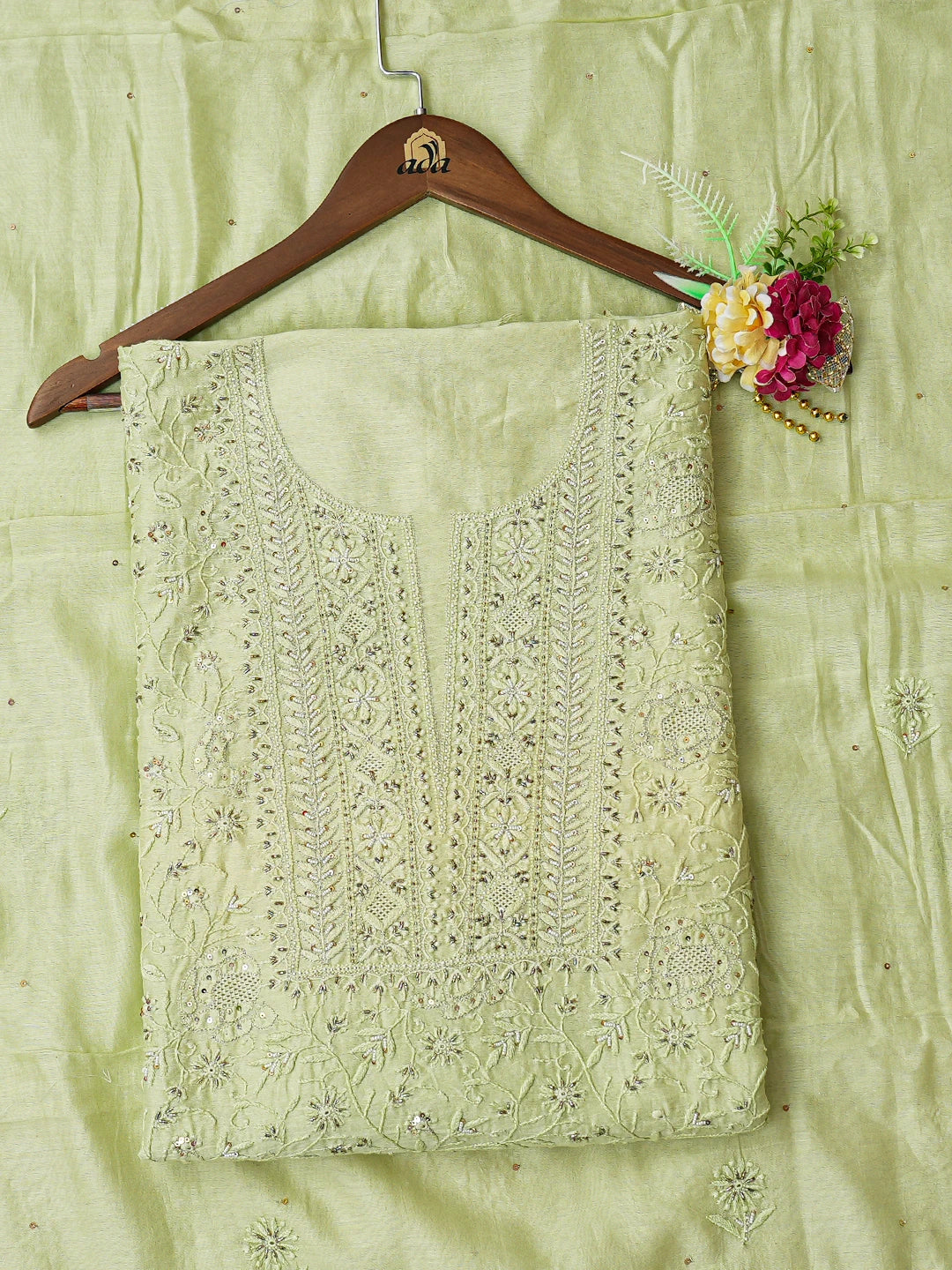 Ada Hand Embroidered Celadon Green Chanderi Lucknowi Chikankari Unstitched Kurta Dupatta Set With Cutdana 01A665711