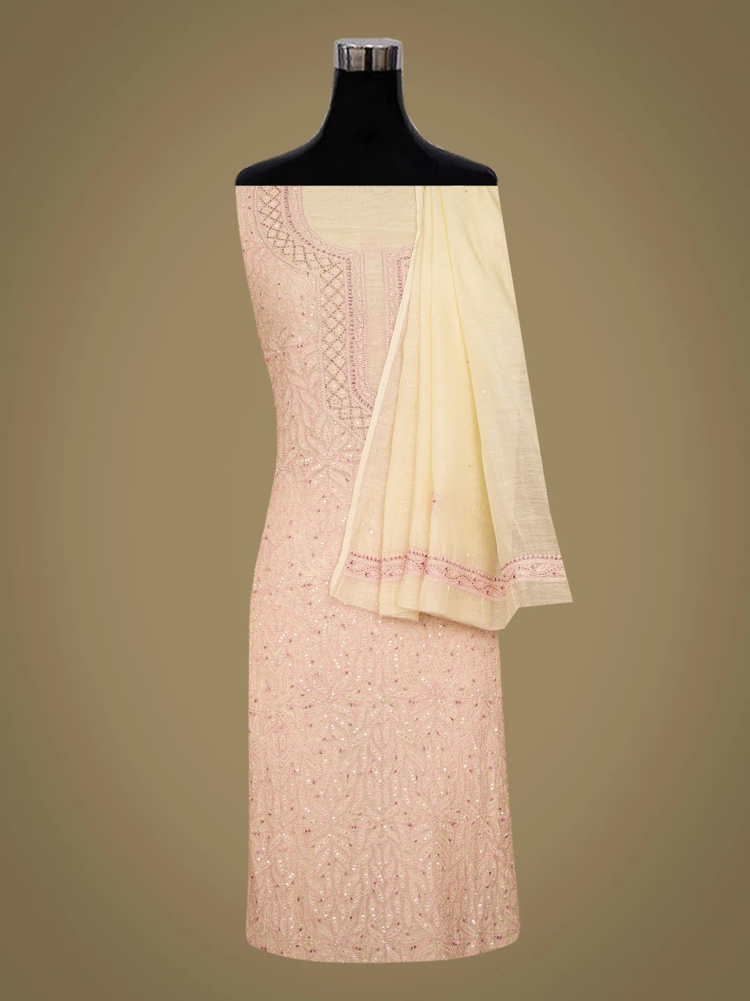 Ada Hand Embroidered Light Yellow Chanderi Lucknowi Chikankari Unstitched Kurta Dupatta Set With Cutdana 01A525347
