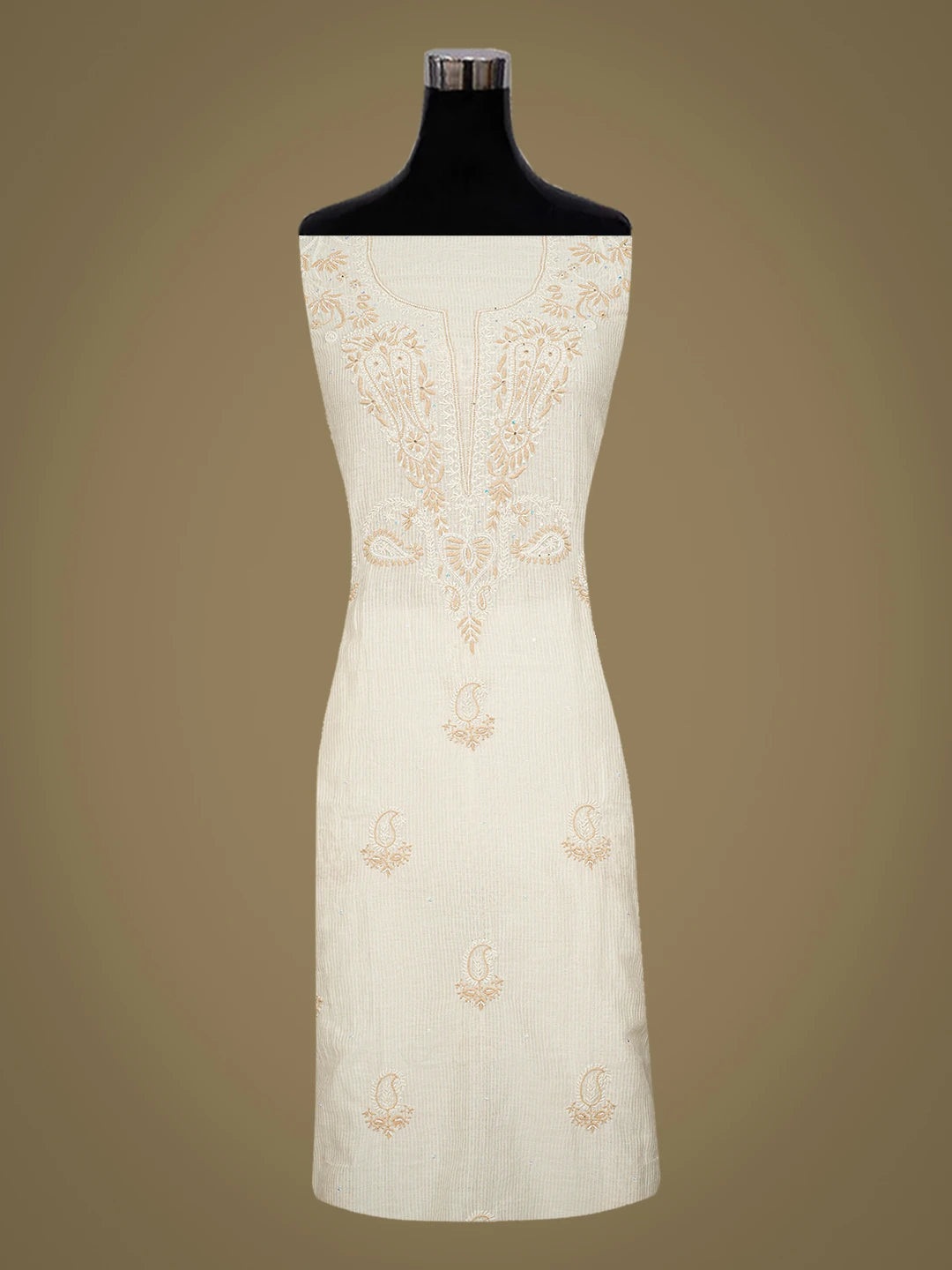 Ada Hand Embroidered Ivory White Chanderi Lucknowi Chikankari Unstitched Kurta Dupatta Set With Cutdana 01A752466