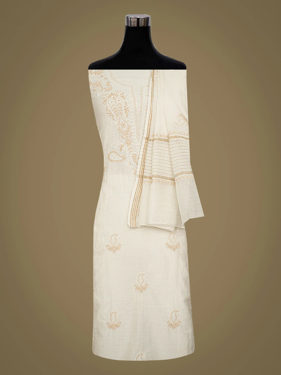 Ada Hand Embroidered Ivory White Chanderi Lucknowi Chikankari Unstitched Kurta Dupatta Set With Cutdana 01A752466