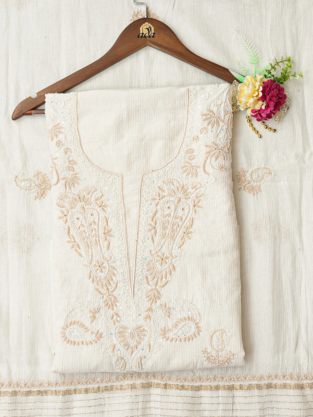Ada Hand Embroidered Ivory White Chanderi Lucknowi Chikankari Unstitched Kurta Dupatta Set With Cutdana 01A752466