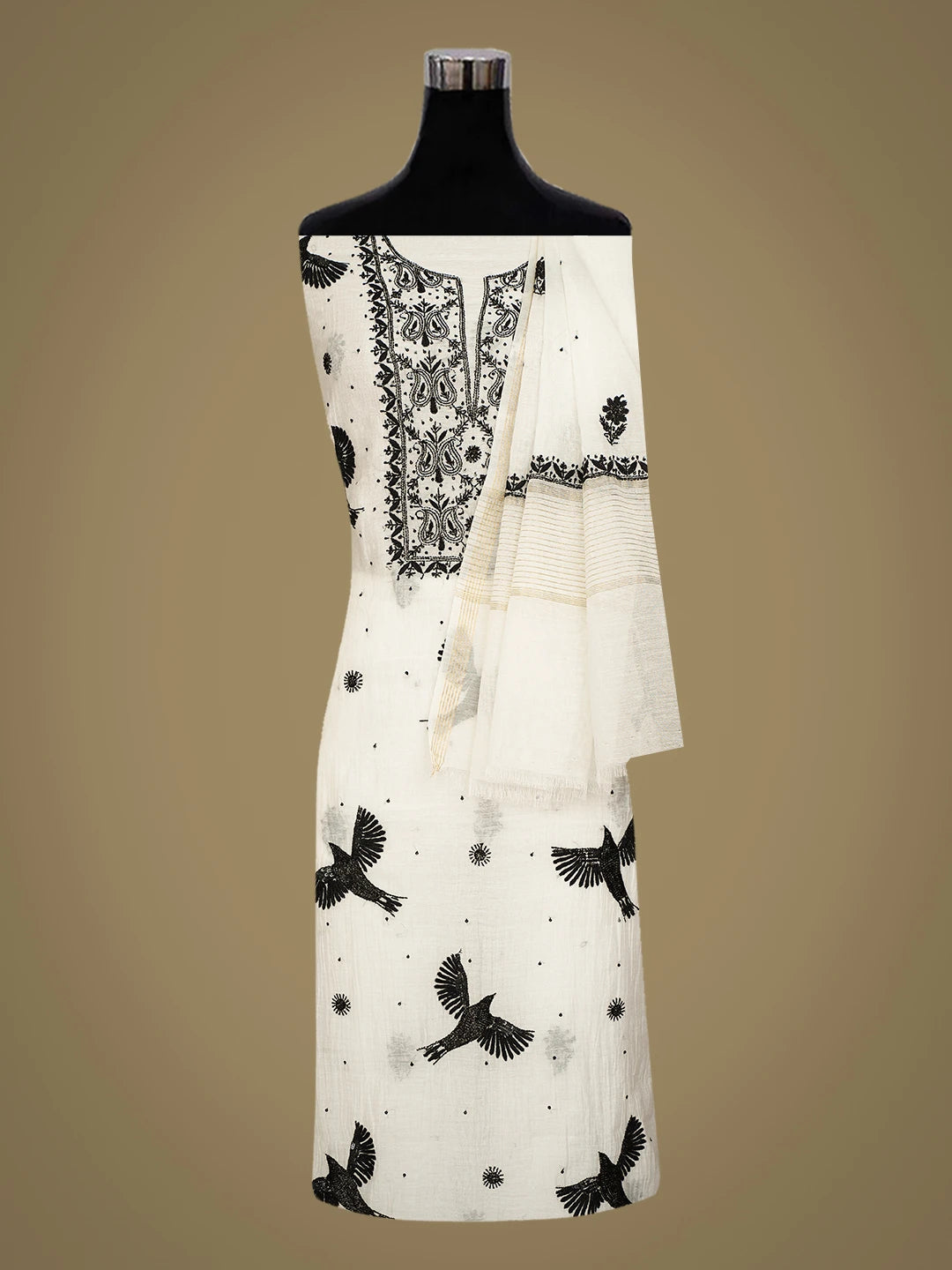 Ada Hand Embroidered White Chanderi Lucknowi Chikankari Unstitched Kurta Dupatta Set With Cutdana 01A778607