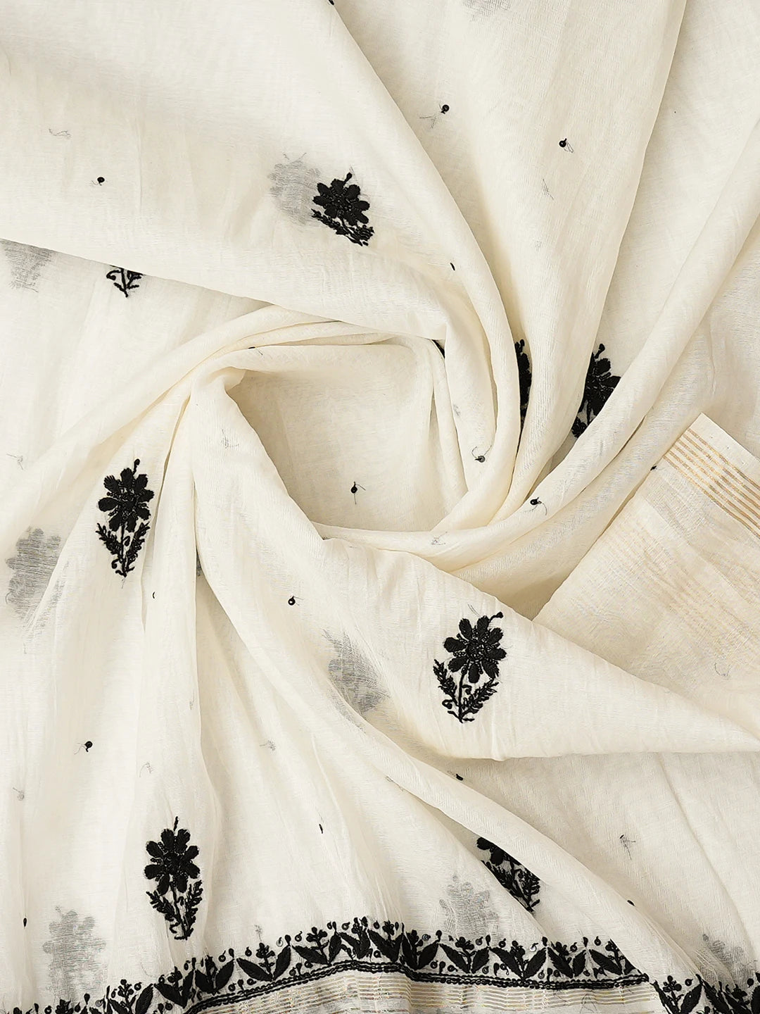 Ada Hand Embroidered White Chanderi Lucknowi Chikankari Unstitched Kurta Dupatta Set With Cutdana 01A778607
