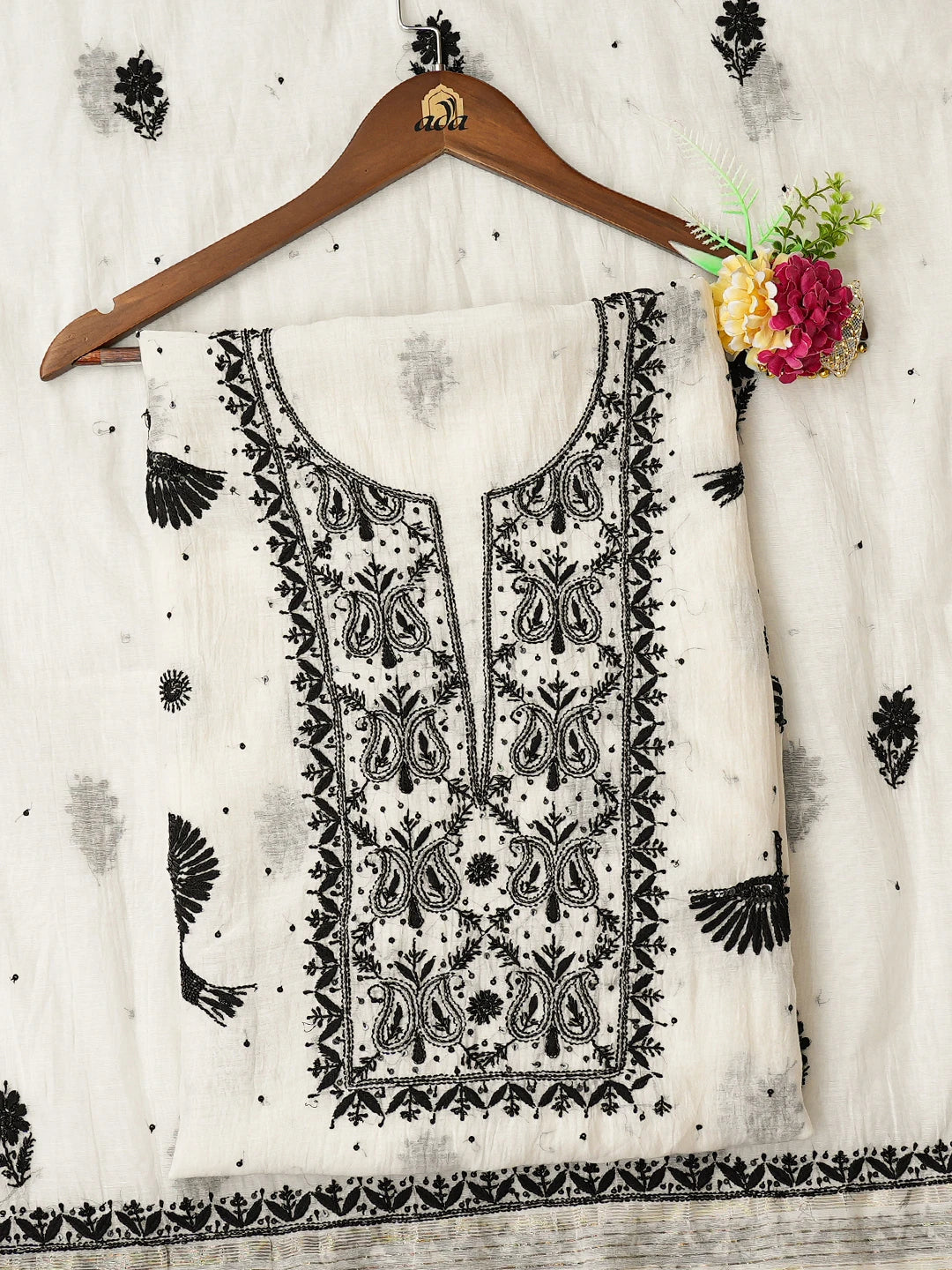 Ada Hand Embroidered White Chanderi Lucknowi Chikankari Unstitched Kurta Dupatta Set With Cutdana 01A778607