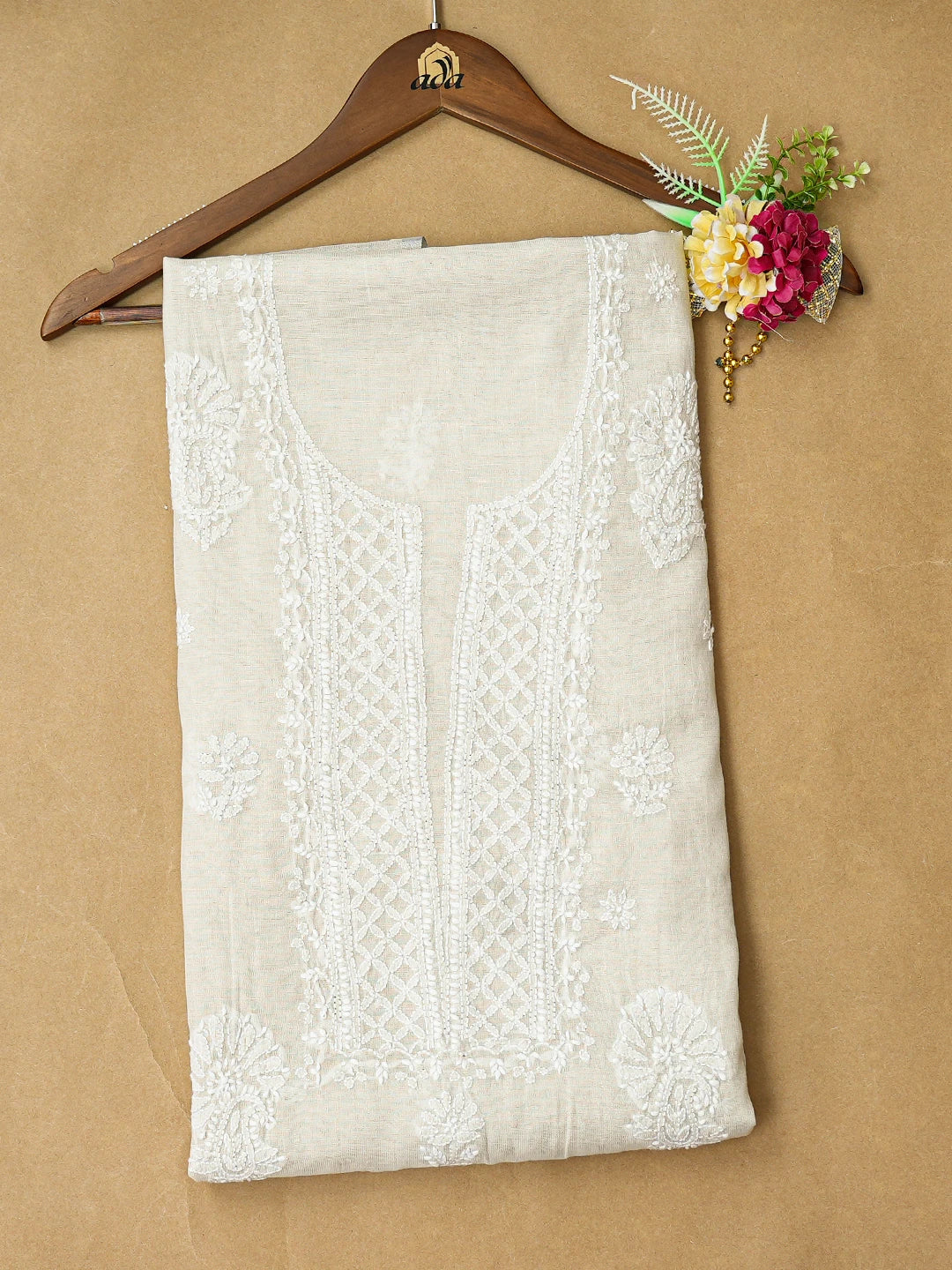 Ada Hand Embroidered Silver Tissue Lucknowi Chikankari Unstitched Kurta Piece 01A783182