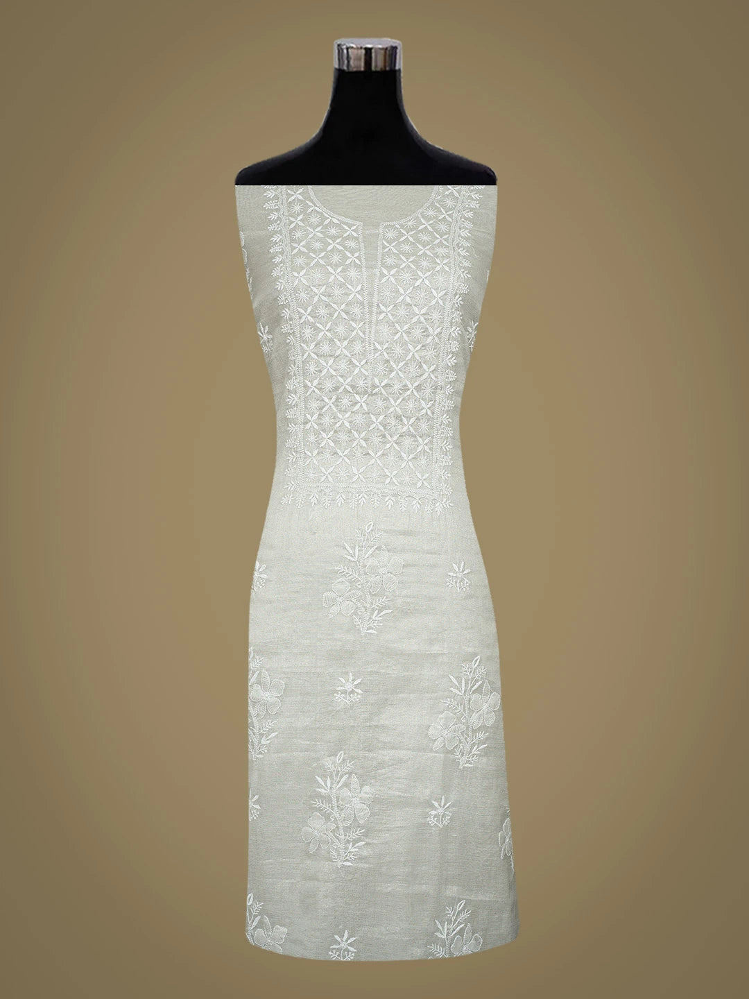 Ada Hand Embroidered Silver Tissue Lucknowi Chikankari Unstitched Kurta Dupatta Set 01A788959