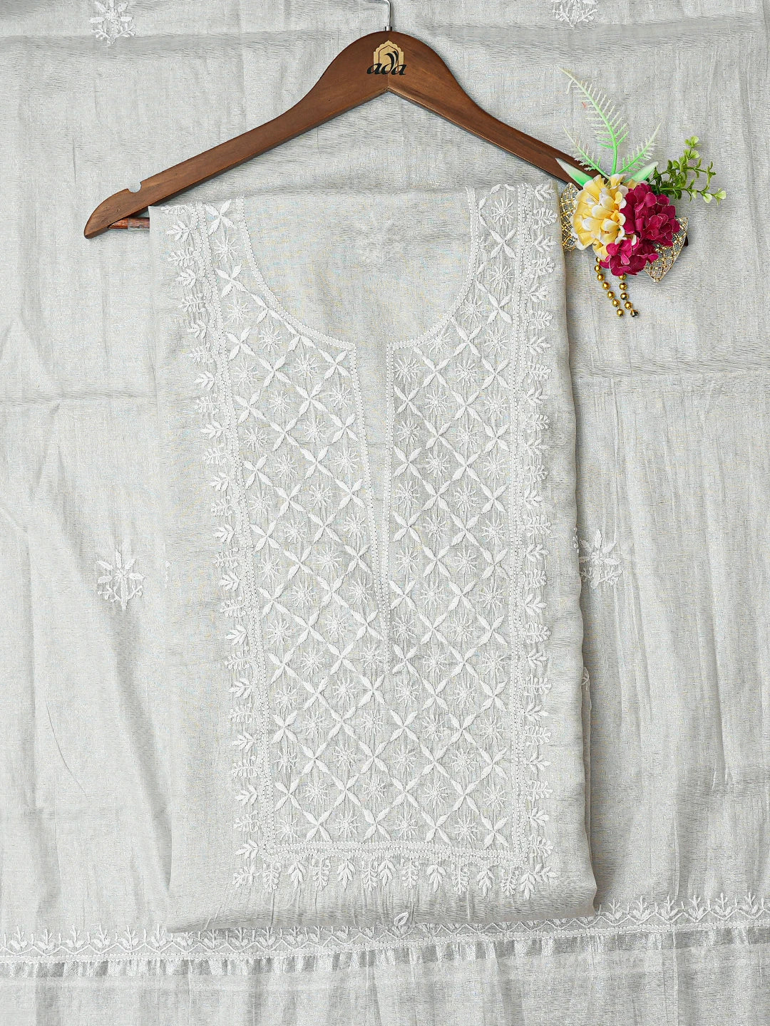 Ada Hand Embroidered Silver Tissue Lucknowi Chikankari Unstitched Kurta Dupatta Set 01A788959
