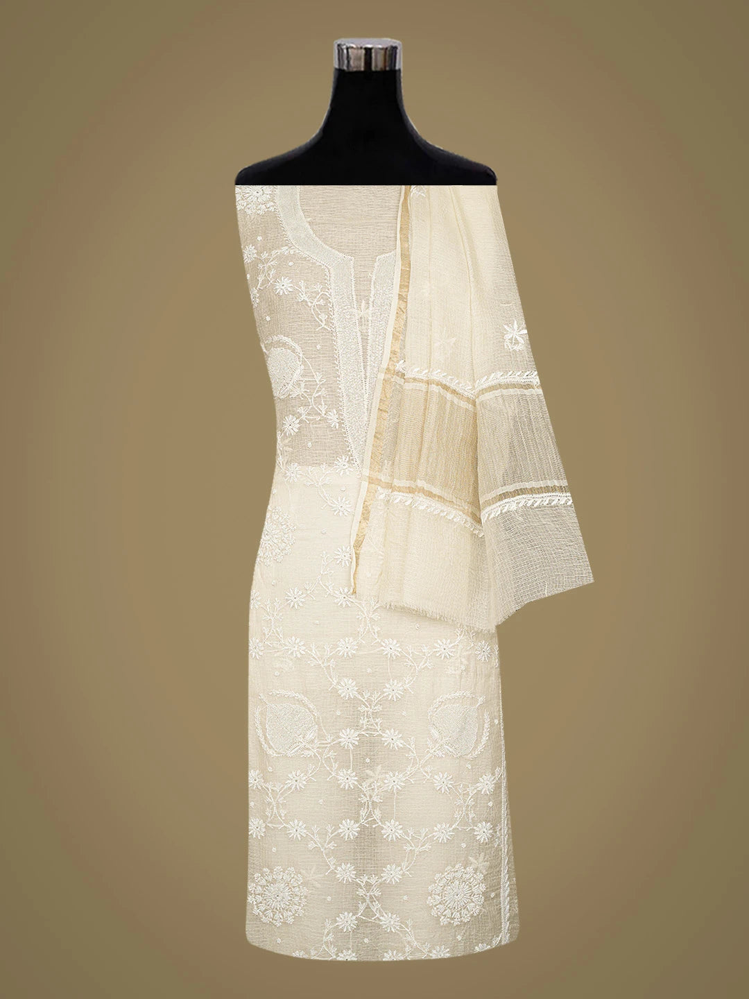 Ada Hand Embroidered Eggshell White Kota Silk Lucknowi Chikankari Unstitched Kurta Dupatta Set With Cutdana Work 01A789465