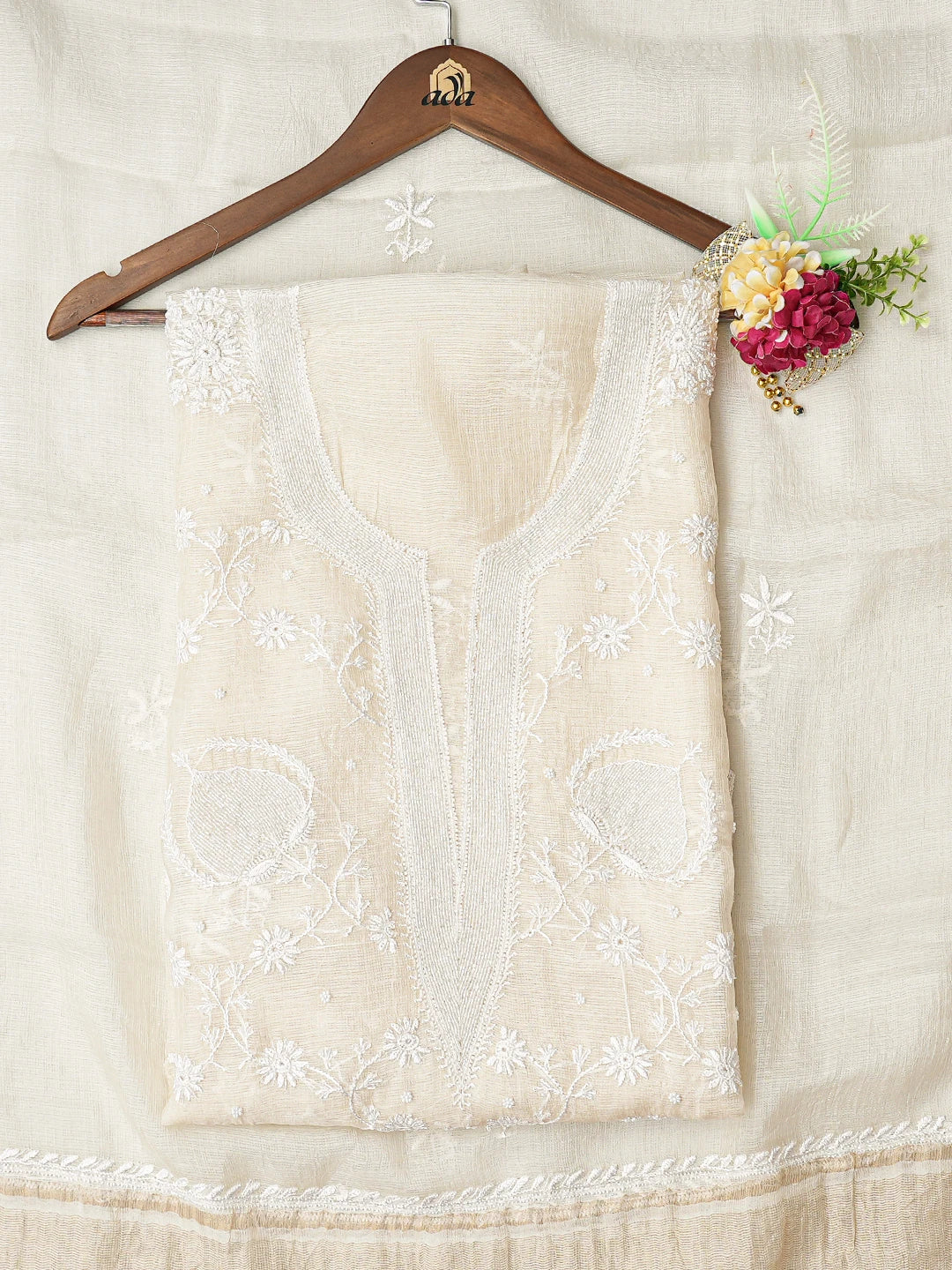 Ada Hand Embroidered Eggshell White Kota Silk Lucknowi Chikankari Unstitched Kurta Dupatta Set With Cutdana Work 01A789465