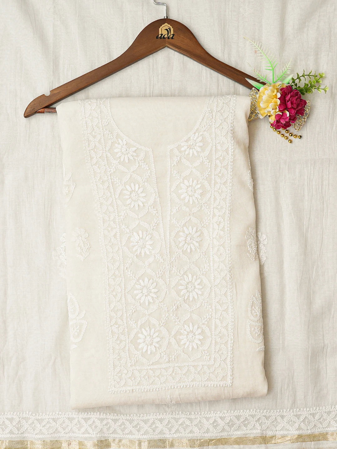 Ada Hand Embroidered White Chanderi Lucknowi Chikankari Unstitched Kurta Dupatta Set 01A789481