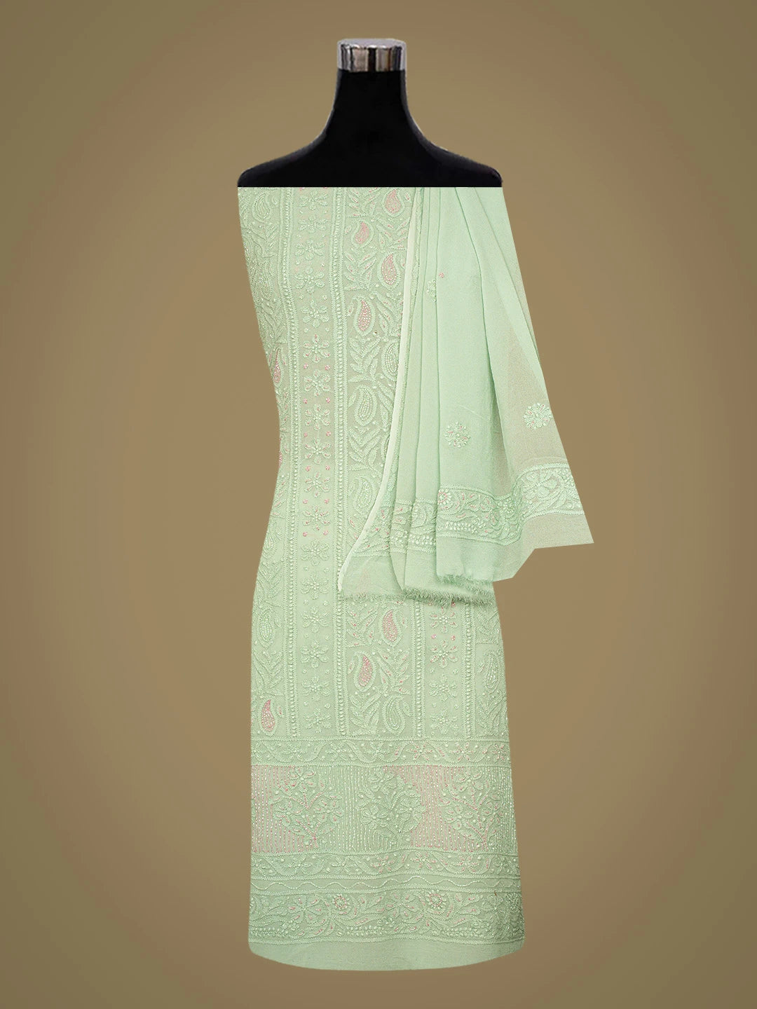 Ada Hand Embroidered Green Viscose Georgette Lucknowi Chikankari Unstitched Kurta Dupatta Set With Cutdana Work 01A778559