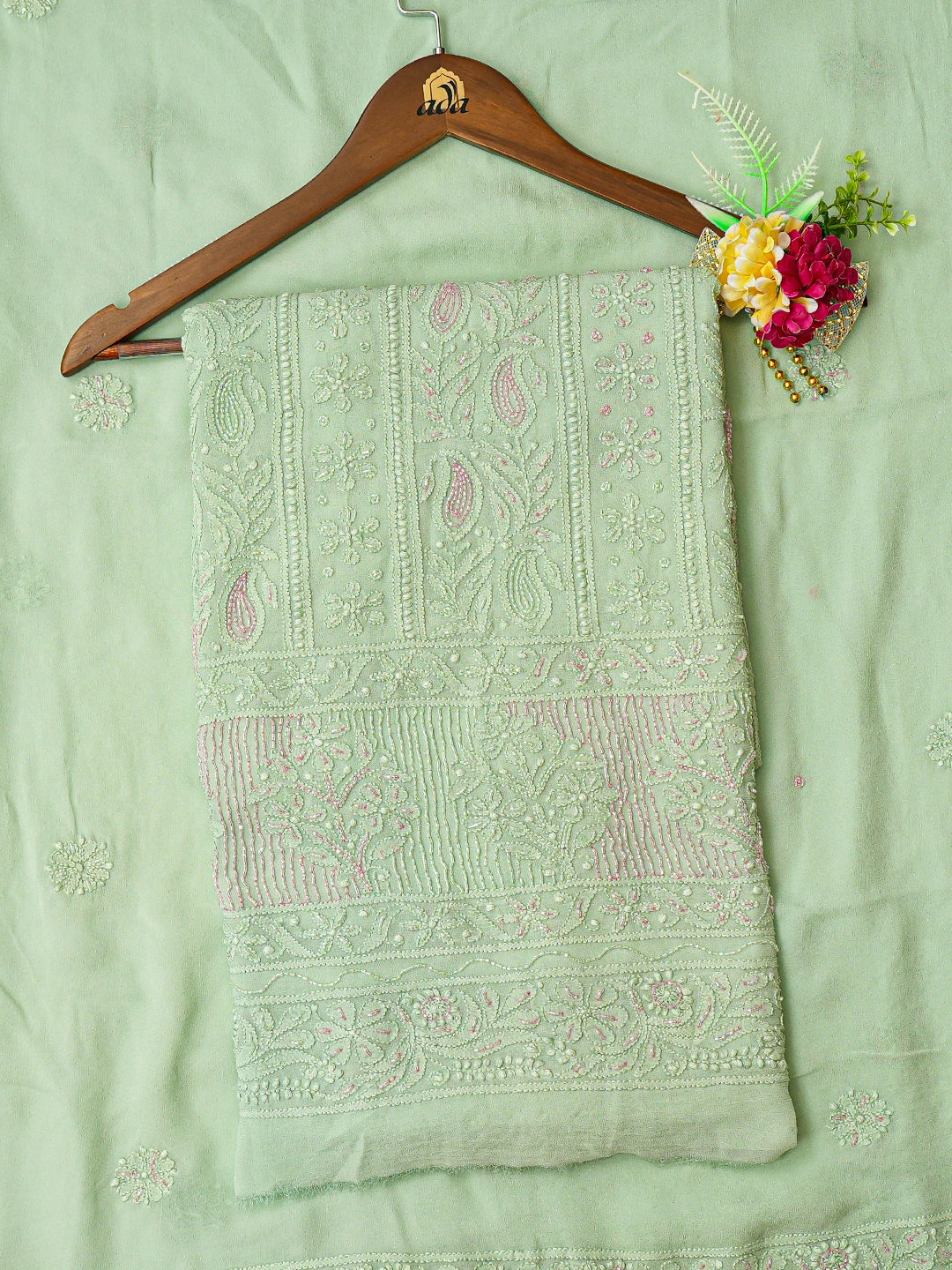 Ada Hand Embroidered Green Viscose Georgette Lucknowi Chikankari Unstitched Kurta Dupatta Set With Cutdana Work 01A778559