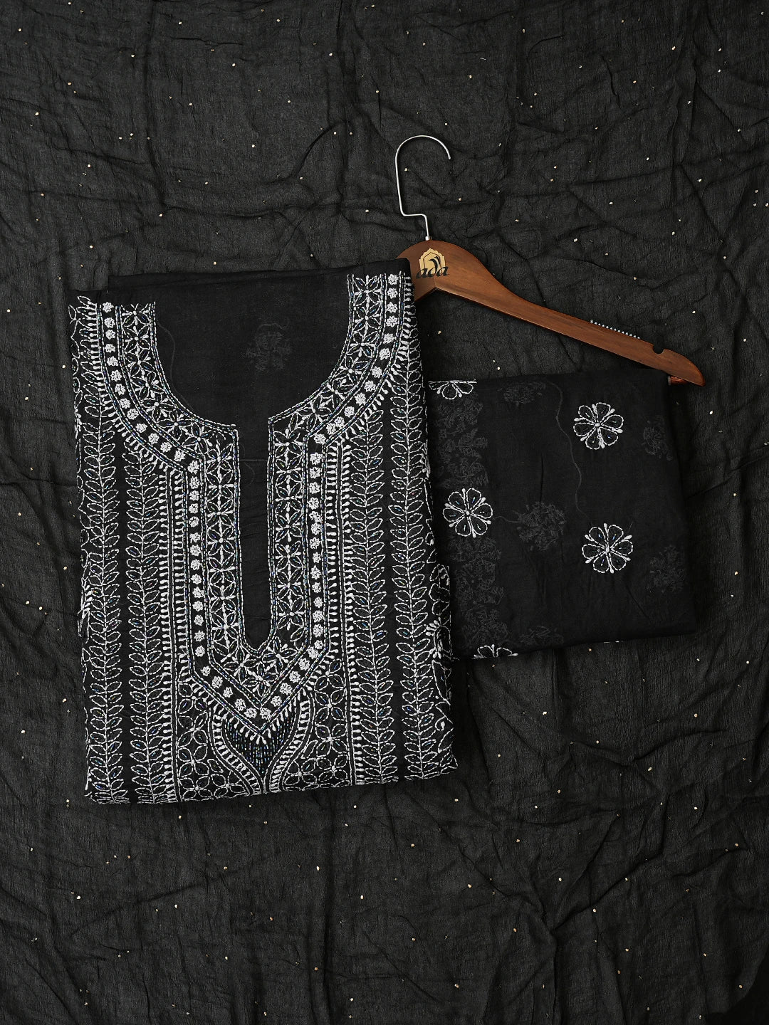 Ada Hand Embroidered Black Cotton Lucknowi Chikankari Unstitched Suit Piece With Cutdana Work 01A787570