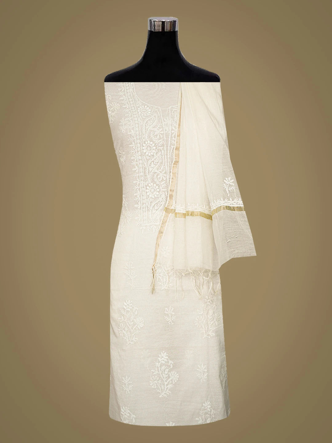 Ada Hand Embroidered White Chanderi Lucknowi Chikankari Unstitched Kurta Dupatta Set 01A789480