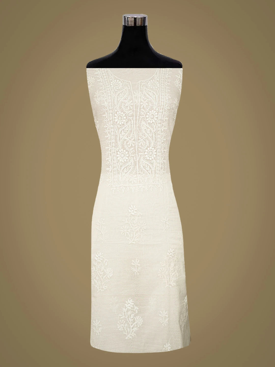 Ada Hand Embroidered White Chanderi Lucknowi Chikankari Unstitched Kurta Dupatta Set 01A789480