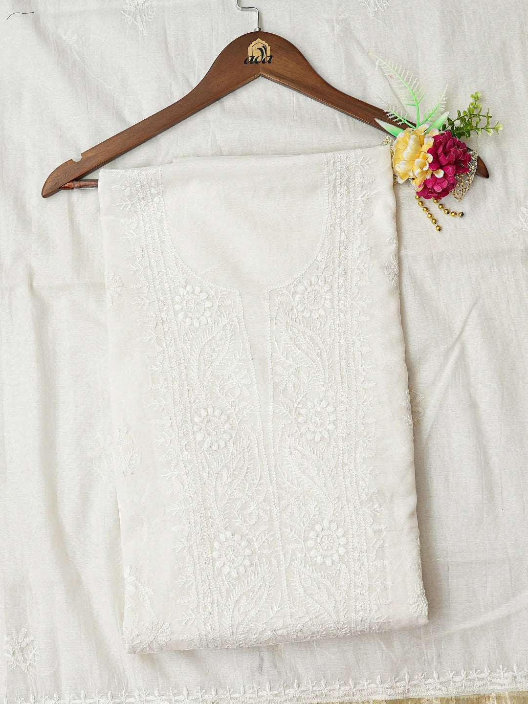 Ada Hand Embroidered White Chanderi Lucknowi Chikankari Unstitched Kurta Dupatta Set 01A789480