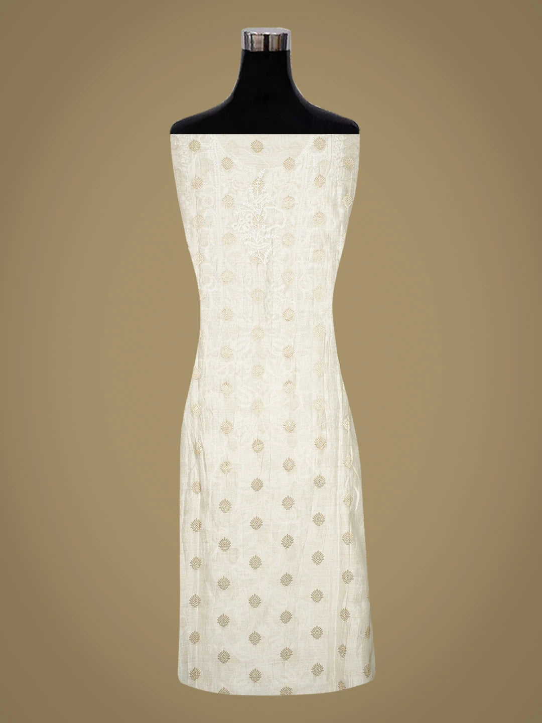 Ada Hand Embroidered White Chanderi Lucknowi Chikankari Semi-Stitched Kurta Dupatta Set With Zari Work 01A789352